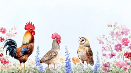 Fototapeta premium Nature-themed watercolor of farm and forest birds including rooster and owl with floral arrangements