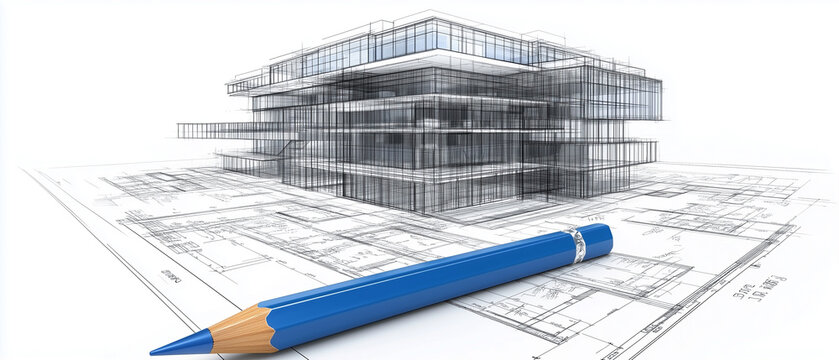 An exploded axonometric view of a sophisticated architectural blueprint for a minimalist modern structure. The rendering reveals multiple floors with vast glass facades