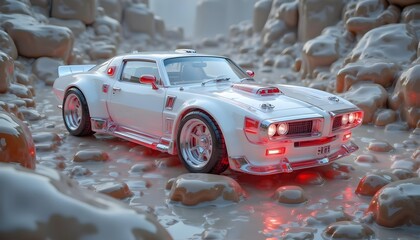 Retro White Muscle Car Navigating Surreal Brown Landscape; Futuristic, Moody, Cinematic