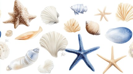 Nautical watercolor seamless with ocean finds in muted tones of beige and blue