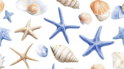 Nautical watercolor seamless with ocean finds in muted tones of beige and blue