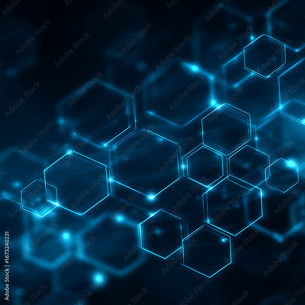 Poster dynamic blue glowing hexagonal network representing modern technology, data, and innovative digital 