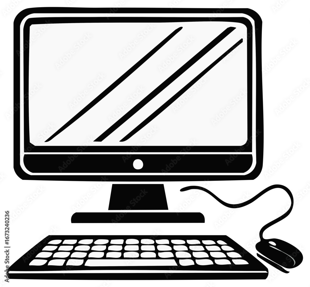 Poster desktop computer with keyboard and mouse black vector graphic illustration, technology setup, device