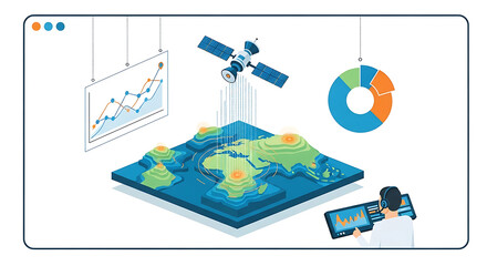 Advanced global data analysis concept showing satellite technology providing geospatial intelligence for business and economic monitoring