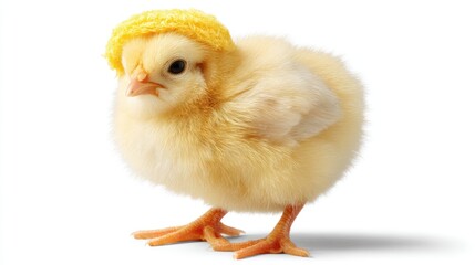 Fototapeta premium Cute Yellow Baby Chick Wearing Yellow Hat Standing on White Background