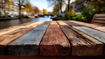 Fototapeta premium Close-up of a rustic wooden table outdoors, with a canal and city in the background