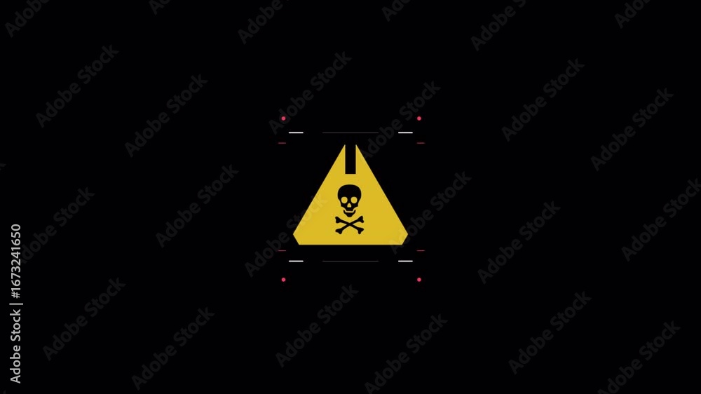 Poster dynamic animated skull and crossbones warning sign appearing with digital glitch effects and hazard 