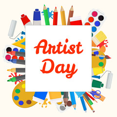 Artist day square creative frame Color palette pencils gouache watercolor