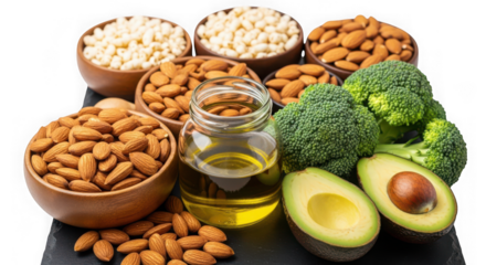 Healthy food assortment including almonds, avocado, broccoli, and almond oil in bowls and a jar, isolated on transparent background