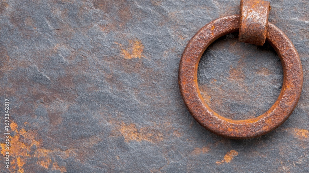 Poster old metallic texture with flaking rust and pitted iron ring attached