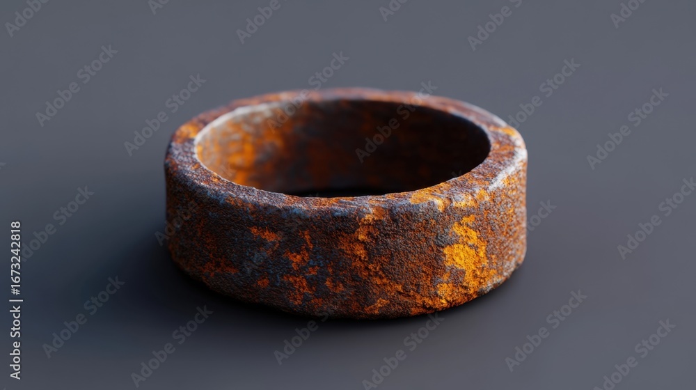 Poster old metallic texture with flaking rust and pitted iron ring attached