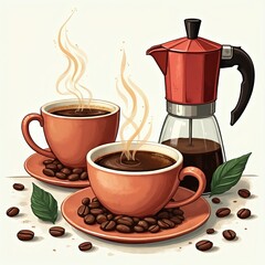 Obraz premium Two steaming cups of coffee sit with a red moka pot and scattered beans. Rustic tones and a vintage style illustration evoke a warm morning cafe atmosphere, perfect for breakfast or a caffeine boost.