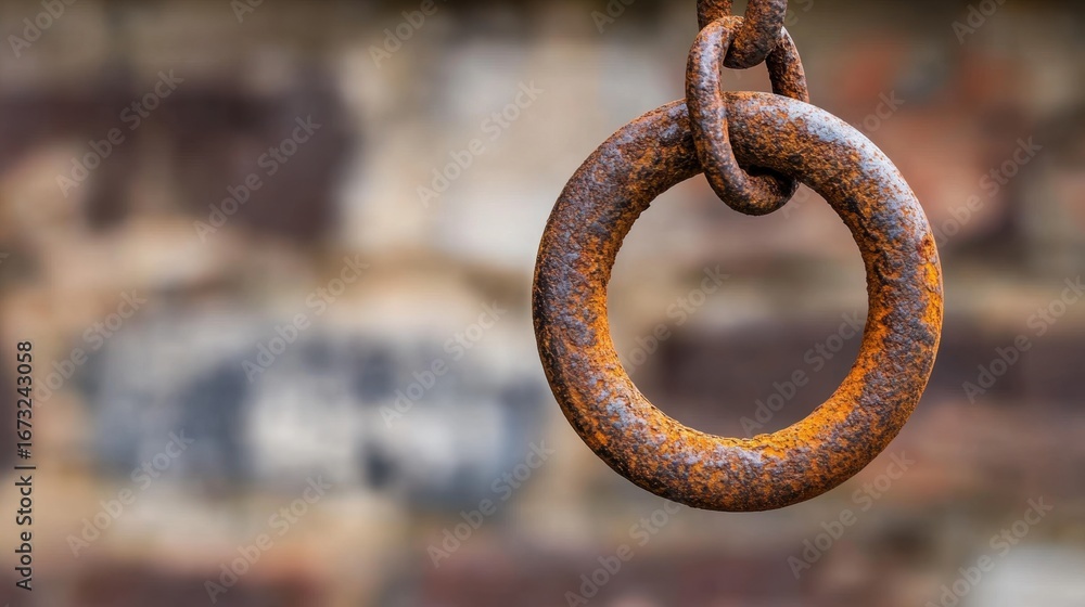 Poster old metallic texture with flaking rust and pitted iron ring attached