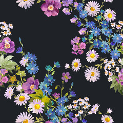 Floral Frame in Gouache Painting Style , Wildflowers, Daisies, and Cornflowers on Dark Background for Fabric, Wallpaper, and Surface Design