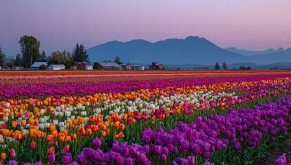 Obraz premium Colorful tulip field at dawn, with mountains in the distance