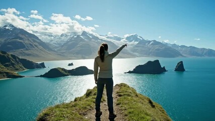 Woman hiker standing on a cliff pointing at a scenic mountain and ocean view - Powered by Adobe