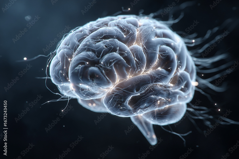 Poster illuminated brain glowing neural pathways intricate structure dark background