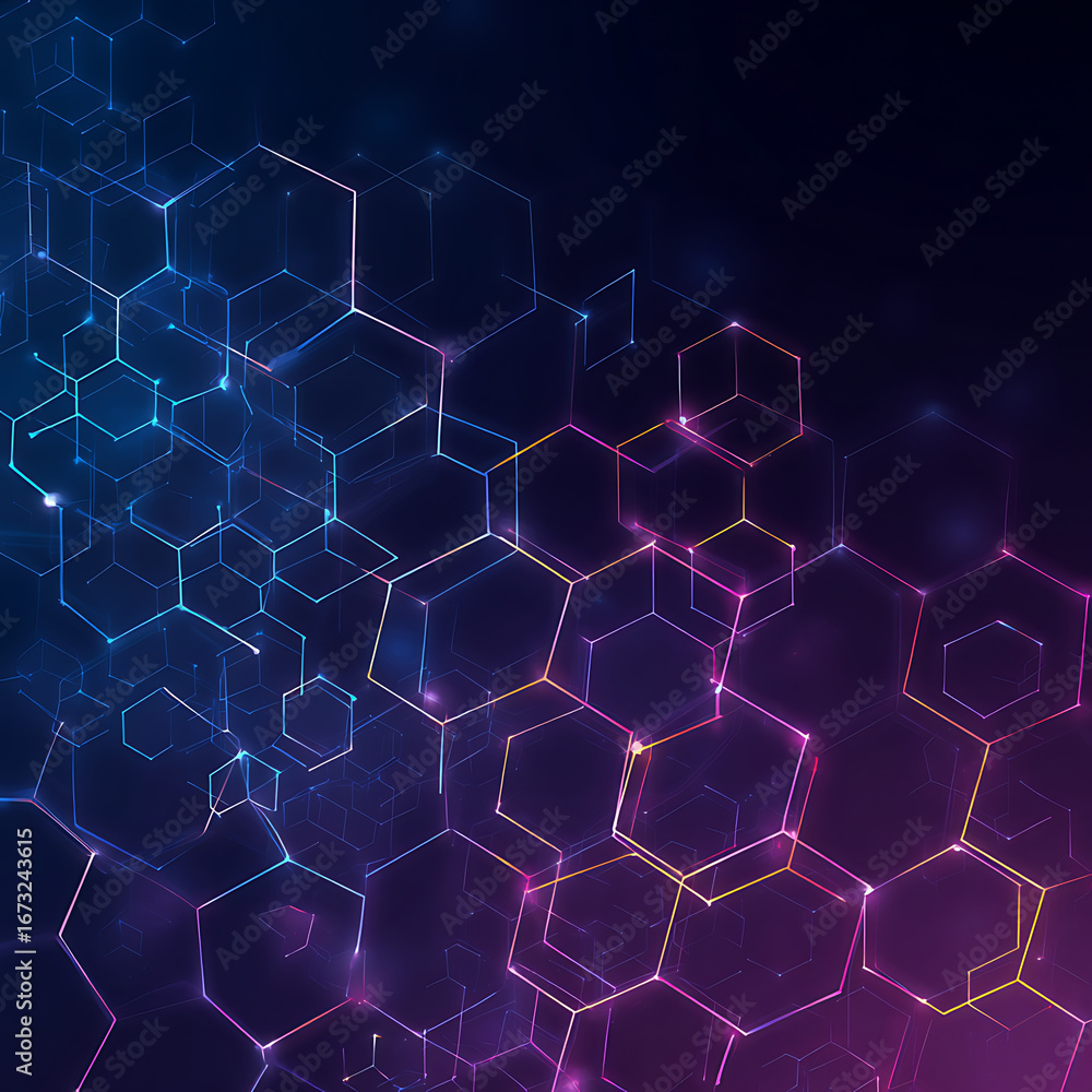Fototapete dynamic digital network of interconnected hexagons glowing with vibrant neon colors, perfect for dat