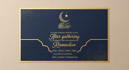 Invitation card for iftar gathering during ramadan with crescent moon and star decoration in gold