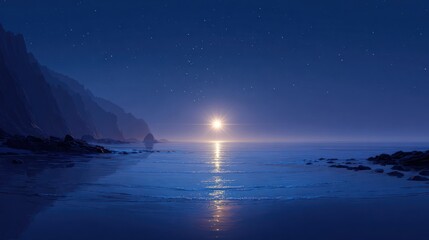 A serene, starry night on a misty beach
