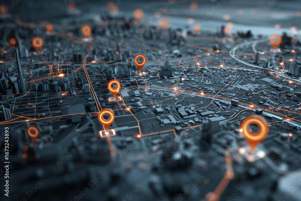Poster cityscape map with glowing location markers showing urban navigation and connectivity