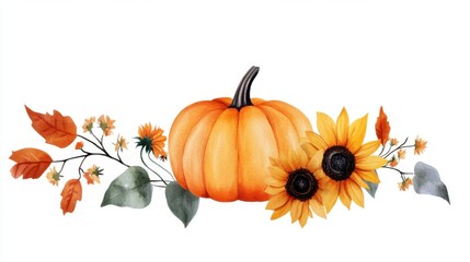 Naklejka premium Orange pumpkin set surrounded by sunflower blooms and autumn branches, watercolor style