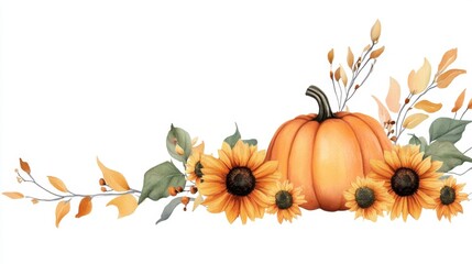 Orange pumpkin set surrounded by sunflower blooms and autumn branches, watercolor style