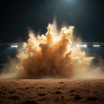 Cinematic sand dust explosion backdrop with ground light. Perfect for baseball, softball, football, soccer, dance, outdoor sports events. Dynamic, energetic, illuminated athletic atmosphere with