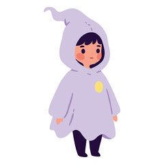 Kid in ghost costume for Halloween. Funny costume for spooky party, cute costume