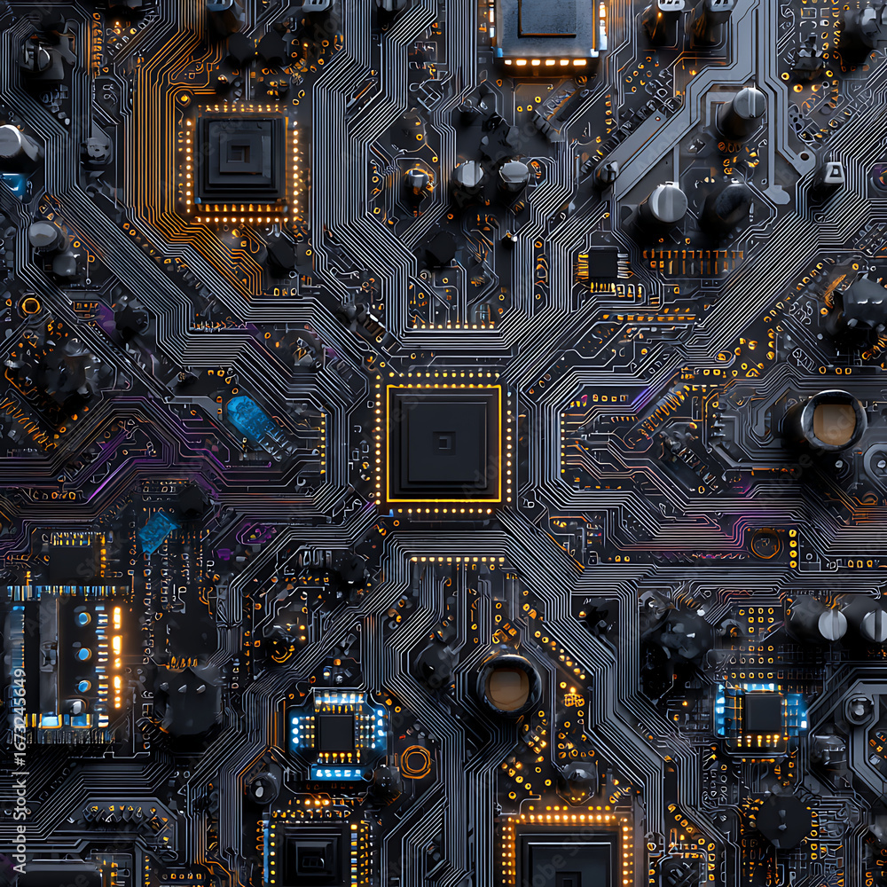 Poster intricate computer motherboard with glowing circuits, a modern technology design for innovation and 