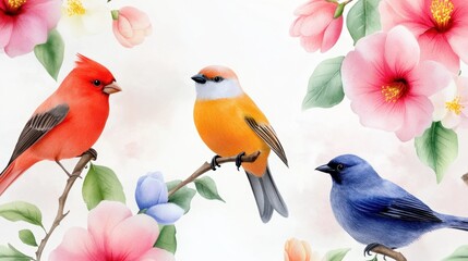 Pastel spring seamless with birds and floral camellias on watercolor floral background