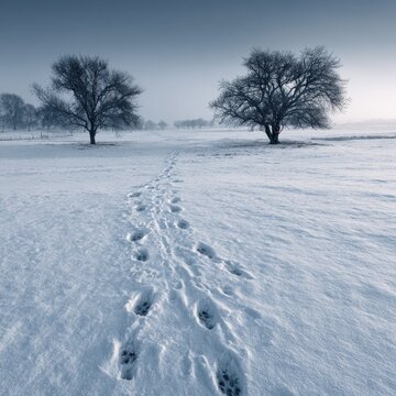 Snowy field path with animal tracks, two trees