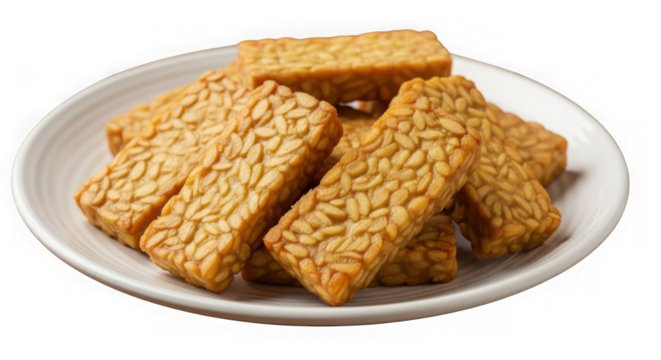Fried tempeh pieces on a white plate, isolated on transparent background