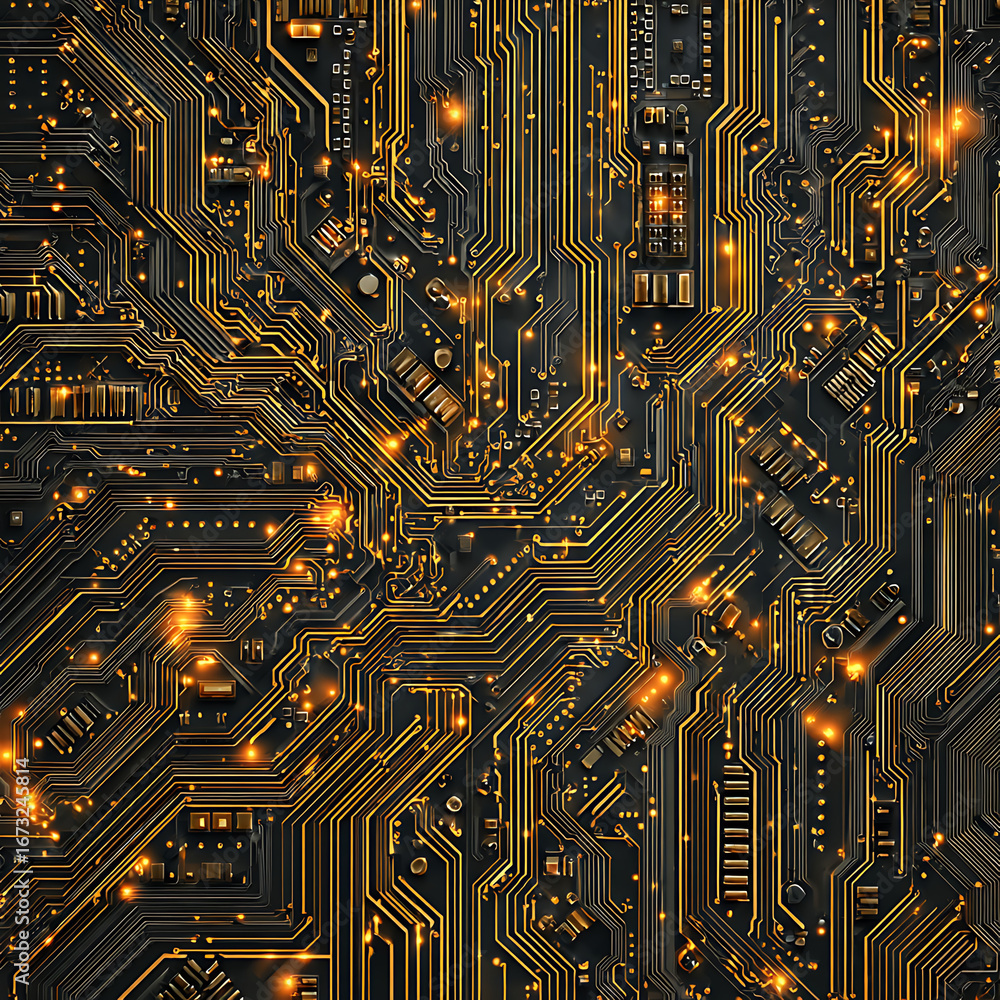 Poster dynamic golden circuit board design with glowing elements, perfect for technology, innovation, and d