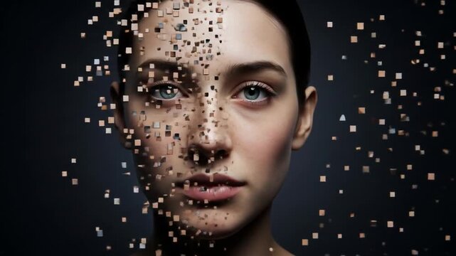 Deconstructing Identity Pixelated Woman with digital corruption, technology face dissolving and