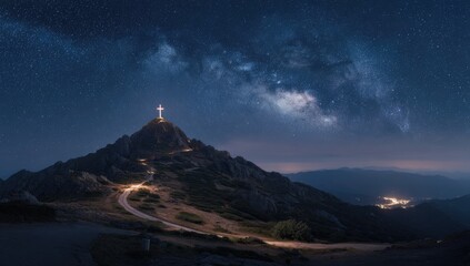 Mountaintop cross under a vast starry sky with milky way