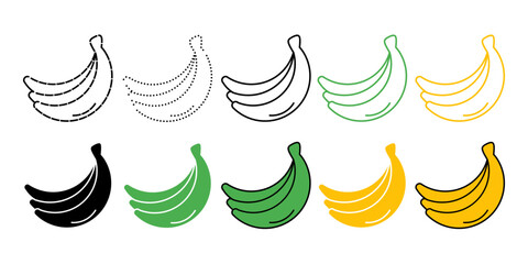 Obraz premium Set of banana icons in various styles, including outline, dashed line, dotted line, silhouette, and flat color versions in black, green, and yellow. Banana icon isolated on white background. 