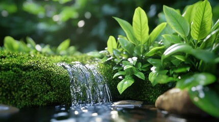 Naklejka premium Peaceful trickling waterfall surrounded by lush greenery and damp moss