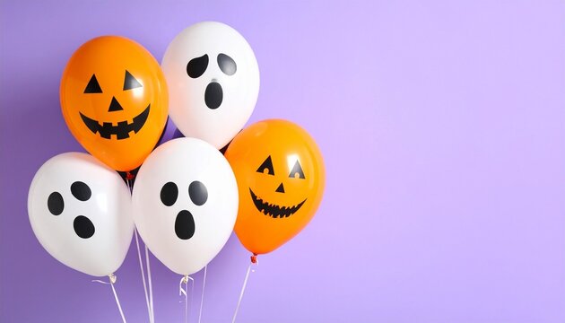 Five Halloween balloons—three white ghost faces and two orange jack-o'-lanterns—floating against light purple background. - Powered by Adobe