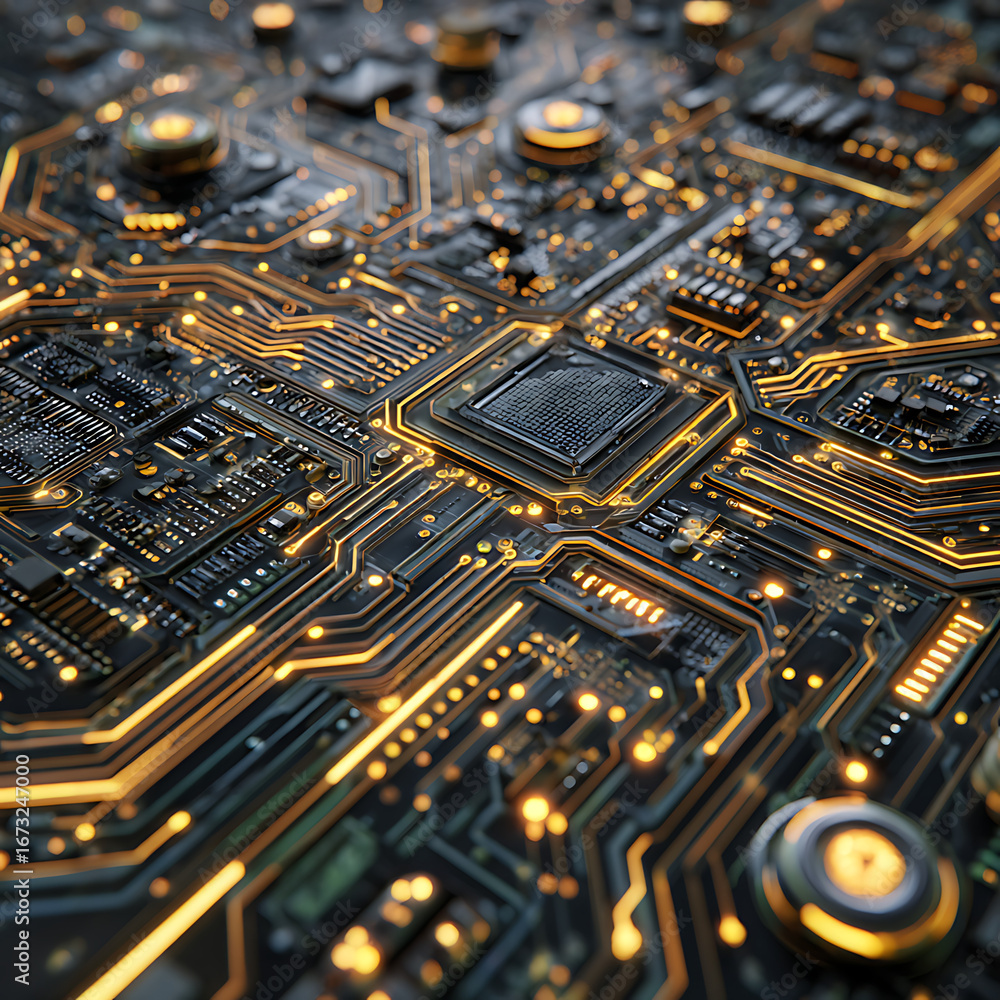 Poster dynamic glowing circuit board with intricate details showcasing technology, innovation, and digital 