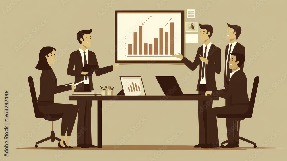 Poster business team working together to engage in a project, a vector flat illustration of office workers 