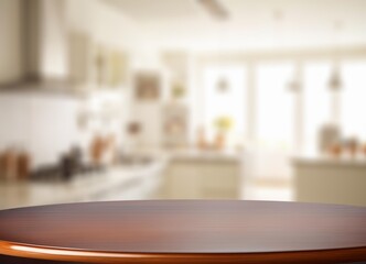 A kitchen with empty wooden table top