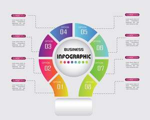 Business infographic template designed as a light bulb to represent ideas and innovation. Features a colorful circular chart with 8 steps or options. Ideal for presentations, process diagrams, and str
