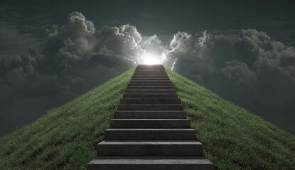 Fototapeta premium Steps to a bright sky, grassy hill