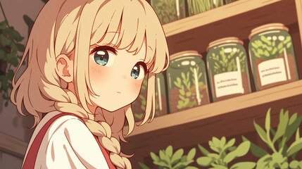 A Whimsical Encounter with Nature: A Young Girl Among Lush Herbs and Plants, Capturing the Essence of Innocence and Love for the Natural World