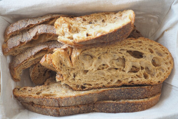 Freshly baked artisan bread arranged in a basket