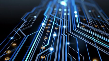Circuit board with illuminated blue lights and glowing elements showcasing modern technology - Powered by Adobe