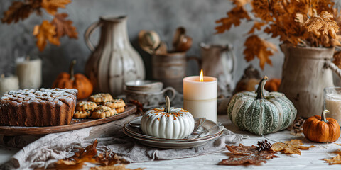 Naklejka premium Ein Tisch dekoriert mit Kürbissen Kerzen zu Halloween. Pastelfarbene Deko für schöne Feierlichkeiten.