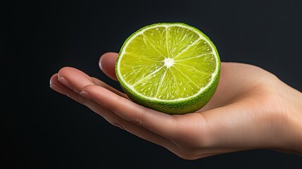 Powerful citrus squeeze, lime in woman hand, black background highlights fresh detail
