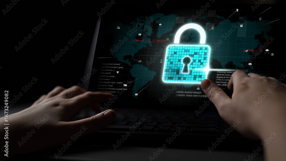 Poster cyber security protects against breaches, hacks, and network attacks using strong infrastructure and